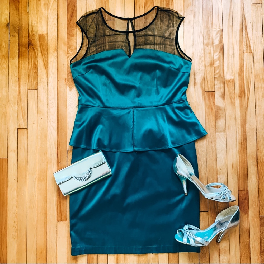 Emerald green satin and black mesh peplum dress